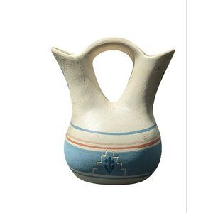 Vintage 1980s Pastel Native American Wedding Vase Pottery Unglazed Hand Painted
